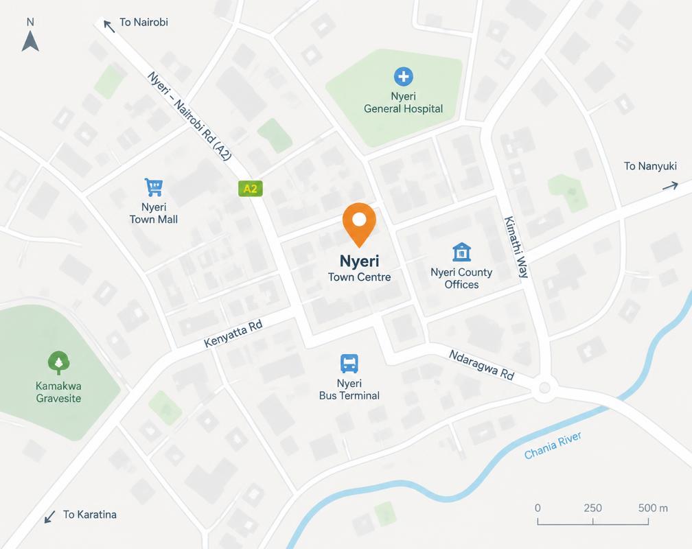 Map showing Samrat Supermarket location in Nyeri town centre